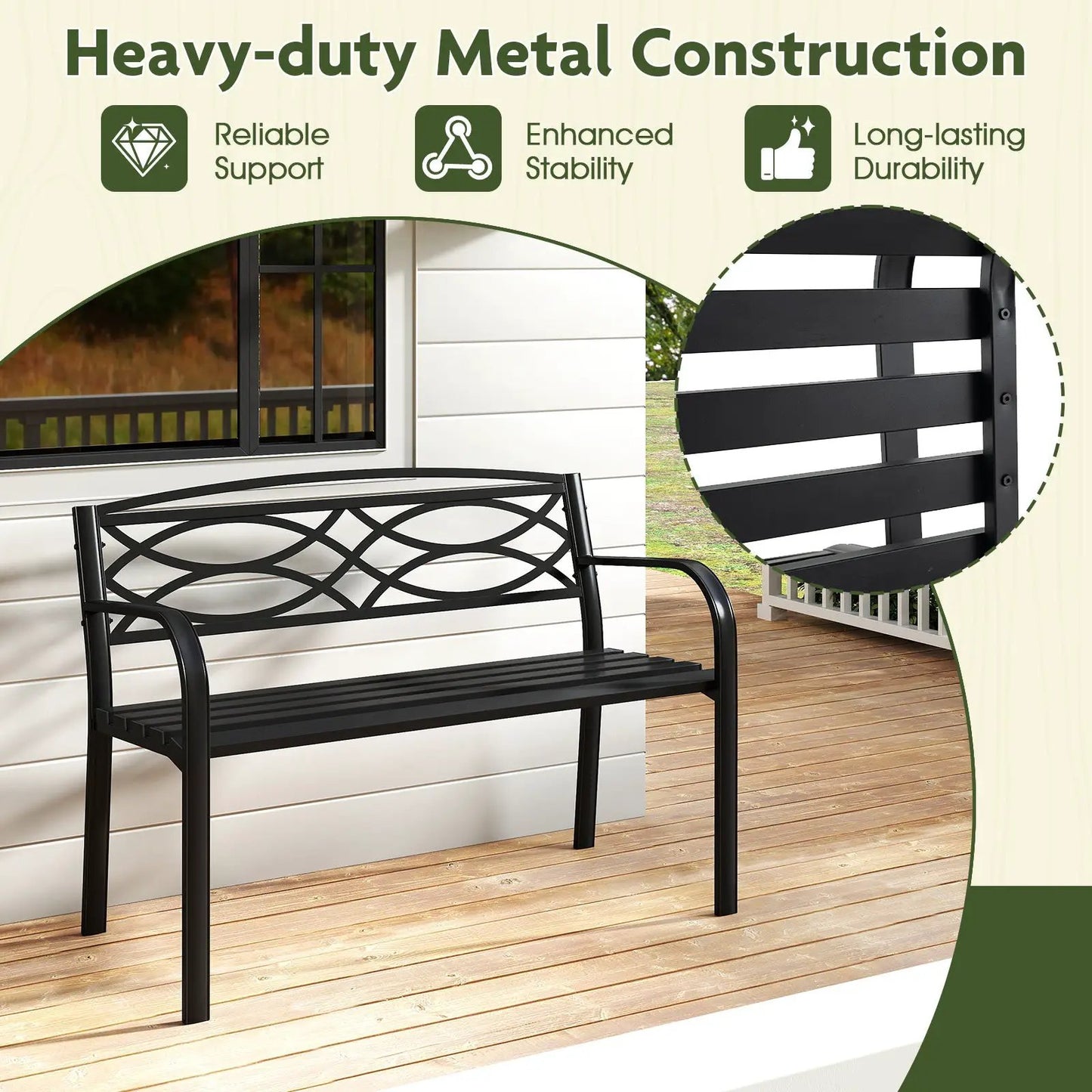 Garden Bench DirectDeals, black metal with curved armrests and slatted backrest on Tampa Home & Garden Store