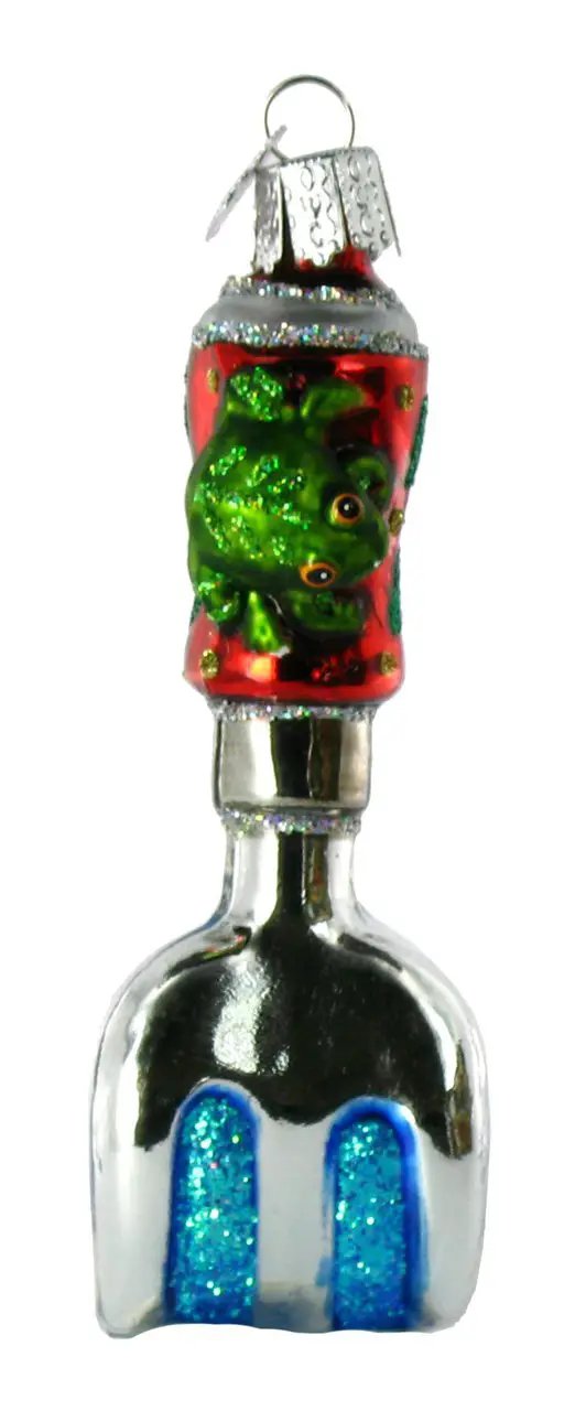 Garden Cultivator Glass Ornament with Frog, green frog on red backdrop, silver cap on Tampa Home & Garden Store