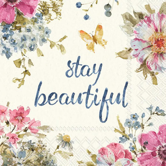 Garden Flower Cream Cocktail Napkins with blue stay beautiful script and pastel florals on Tampa Home & Garden Store