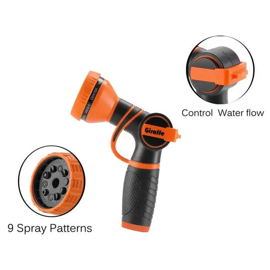 Garden Hose Nozzle by Giraffe Tools in orange and black with 9 spray patterns on Tampa Home & Garden Store