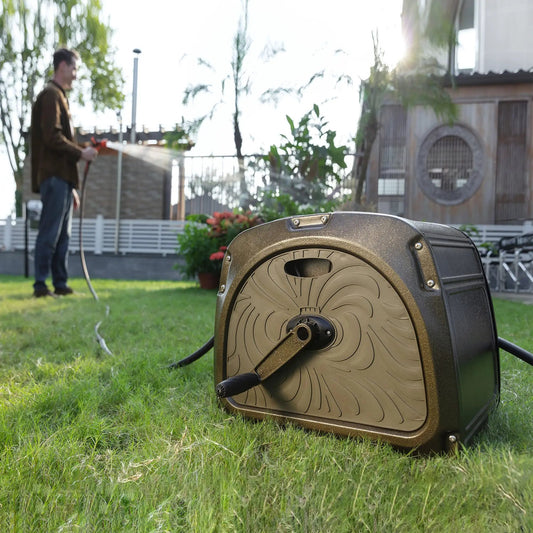 Garden Hose Reel Box Heavy Duty with Guide System manual crank by Giraffe Tools bronze finish on Tampa Home & Garden Store
