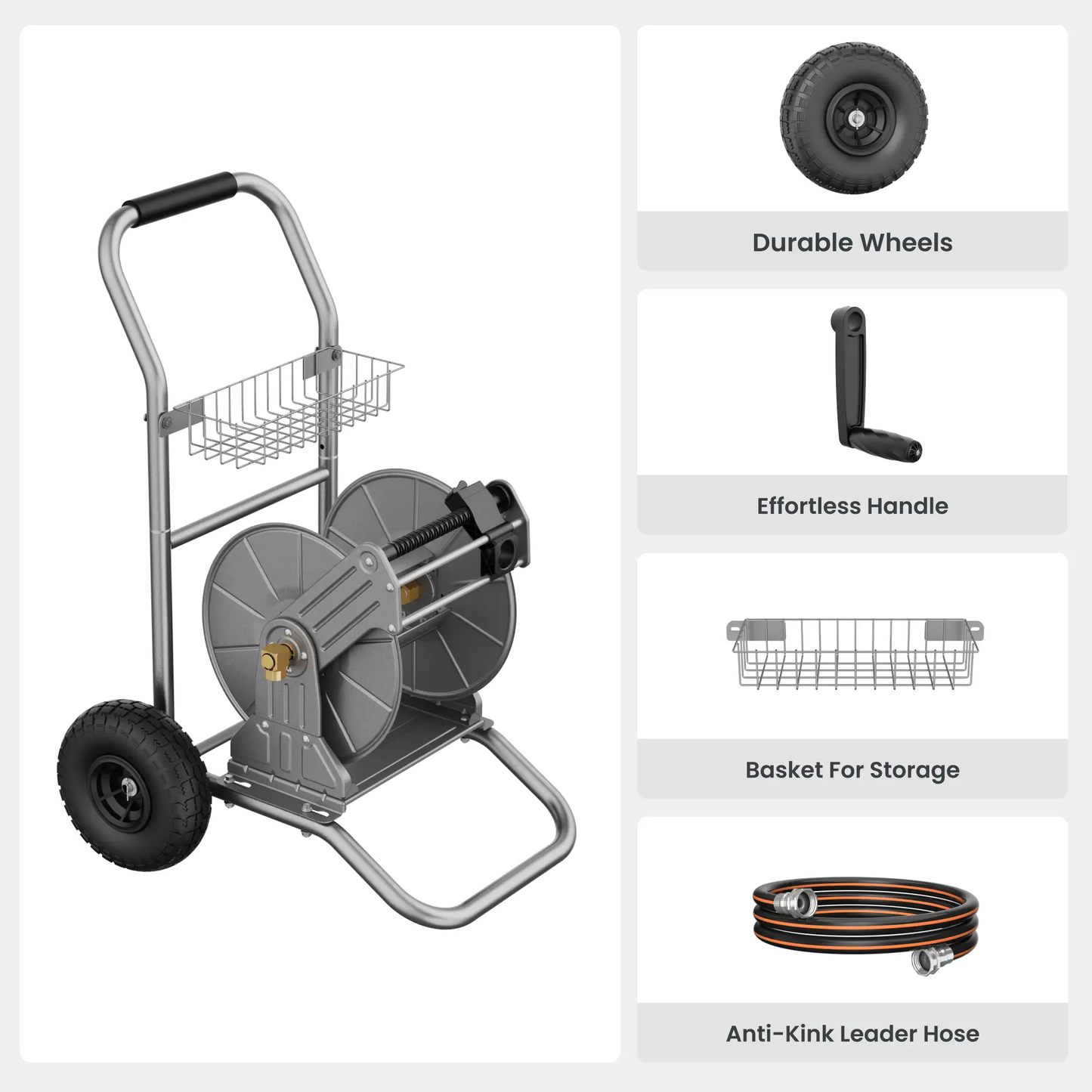 Garden Hose Reel Cart Stainless Steel Heavy Duty with manual crank and wheels on Tampa Home & Garden Store