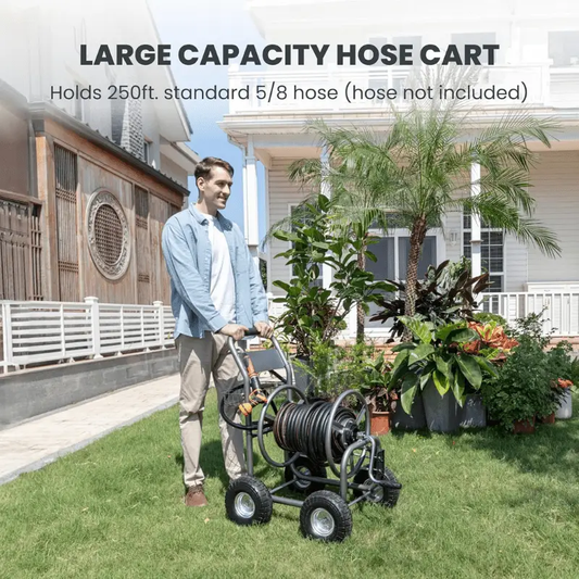 Garden Hose Reel Cart with 4 Wheels Heavy Duty, manual crank, black metal frame on Tampa Home & Garden Store