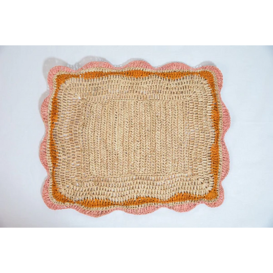Garden Party placemat Payton James, pink and orange edge, handwoven straw on Tampa Home & Garden Store