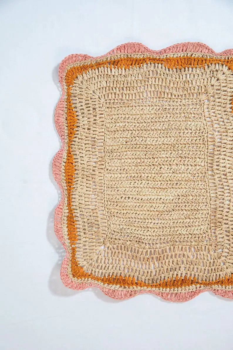 Garden Party Placemats woven straw with pink and orange edges, Payton James on Tampa Home & Garden Store