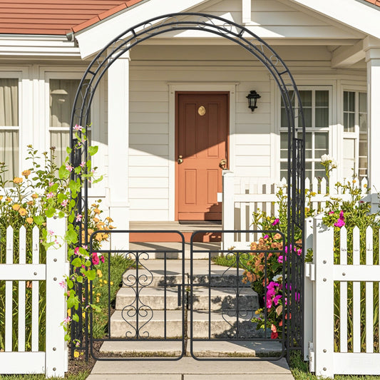 Garden Arbor with Gate with Multiple Side Crossbars and 4 Sharp Ground Stakes-Black - Tampa Home & Garden Store