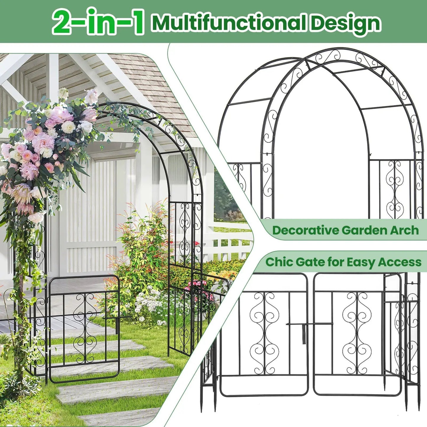 Garden arbor with black metal arch, gate and side crossbars DirectDeals on Tampa Home & Garden Store