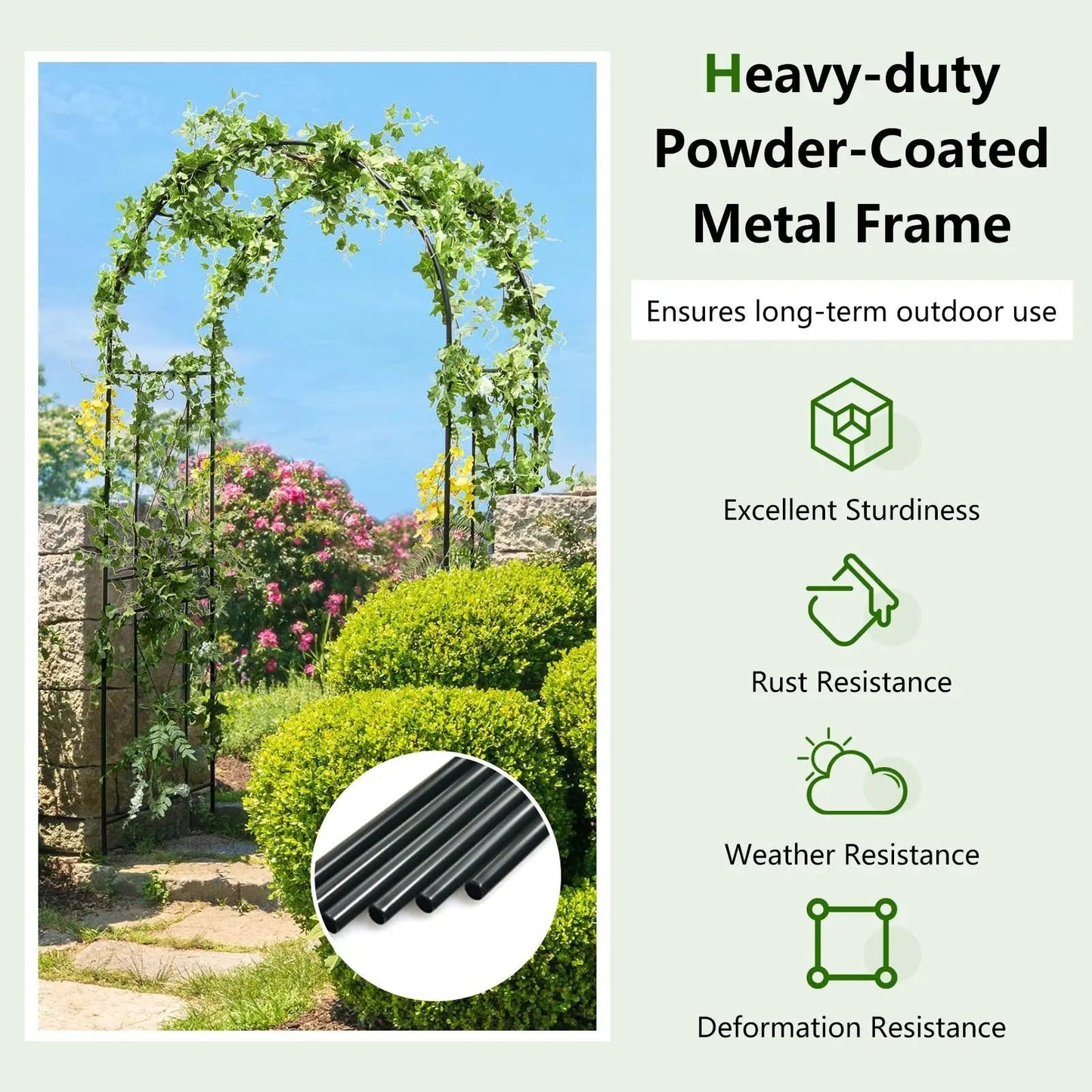 Garden arch trellis plant stand with black powder-coated metal frame for outdoor use on Tampa Home & Garden Store