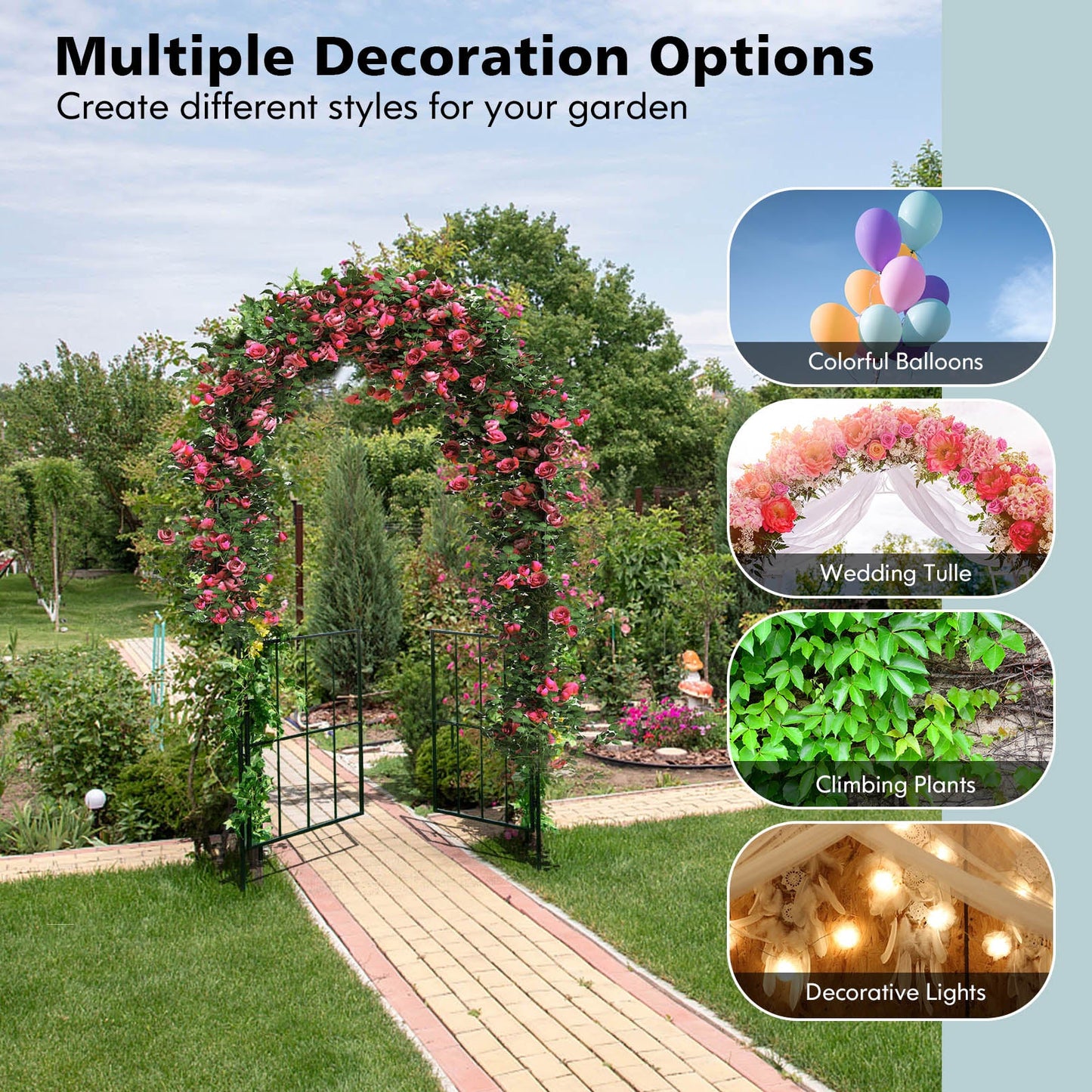 Garden Arch Arbor Trellis with Gate, black metal arch for climbing plants on Tampa Home & Garden Store