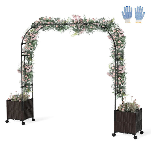 6.6 Feet Garden Arch Trellis with 2 Planter Boxes and Lockable Wheels-Black - Tampa Home & Garden Store