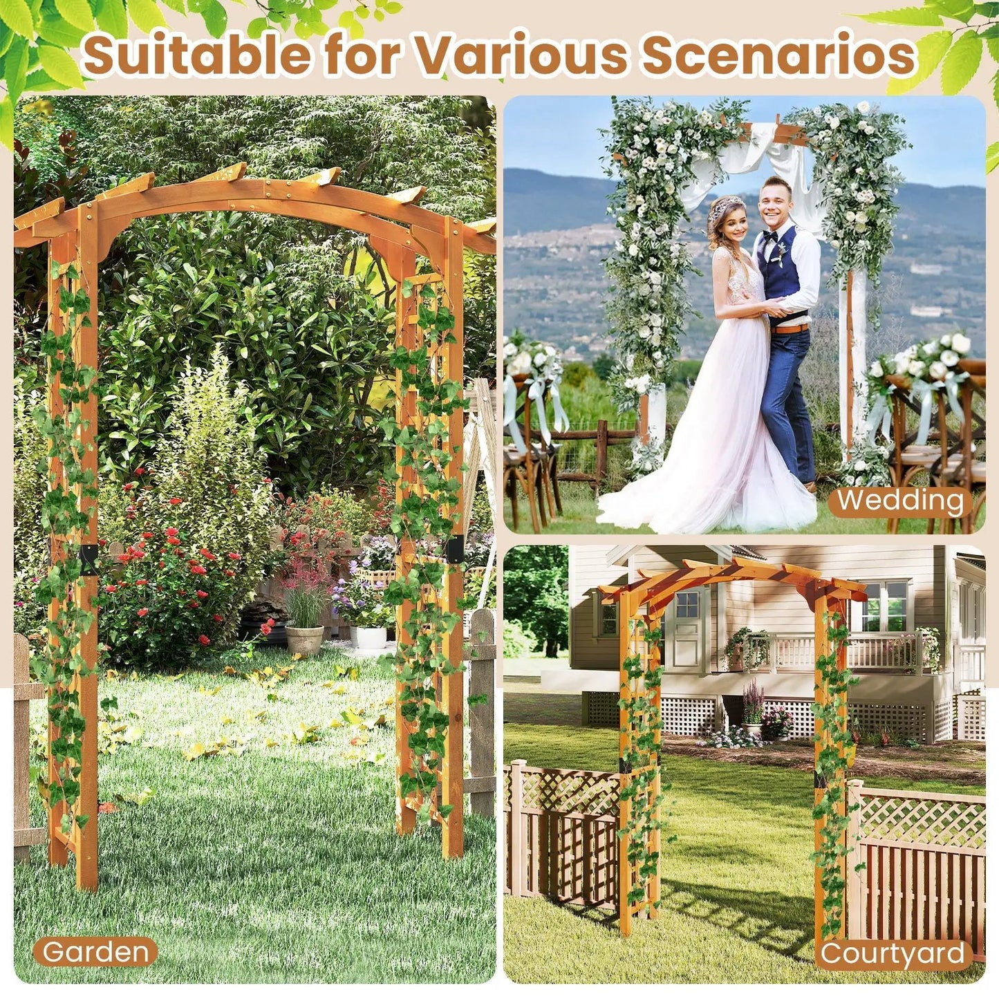 Wooden garden arch arbor 7 ft fir wood for climbing plants, set of four arches on Tampa Home & Garden Store
