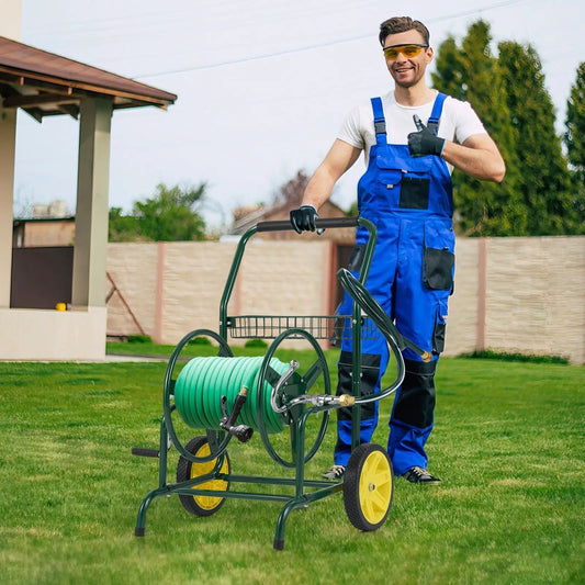Garden Hose Reel Cart with 2 wheels and basket, green frame, yellow wheels, hose reel and nozzle on Tampa Home & Garden Store