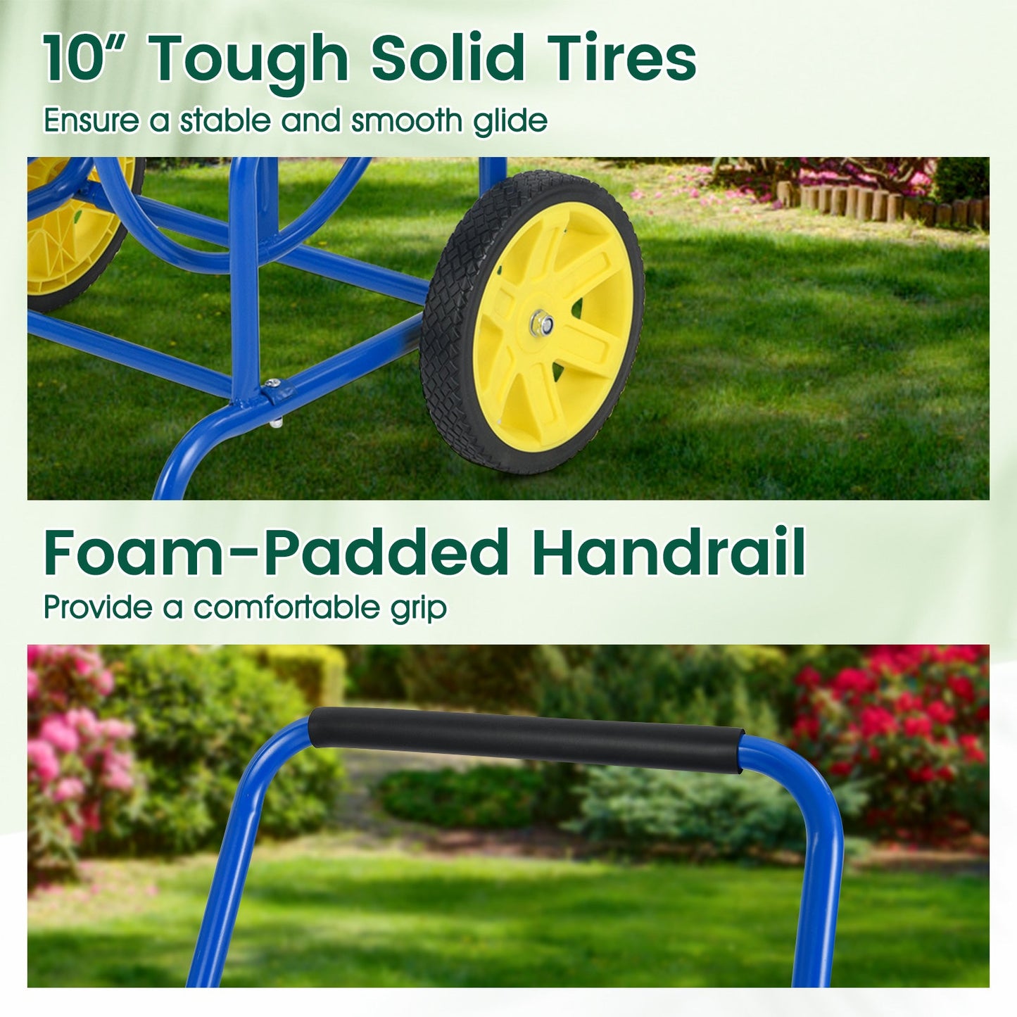 Garden Hose Reel Cart with 2 Wheels and Storage Basket, blue frame, yellow wheel, DirectDeals on Tampa Home & Garden Store