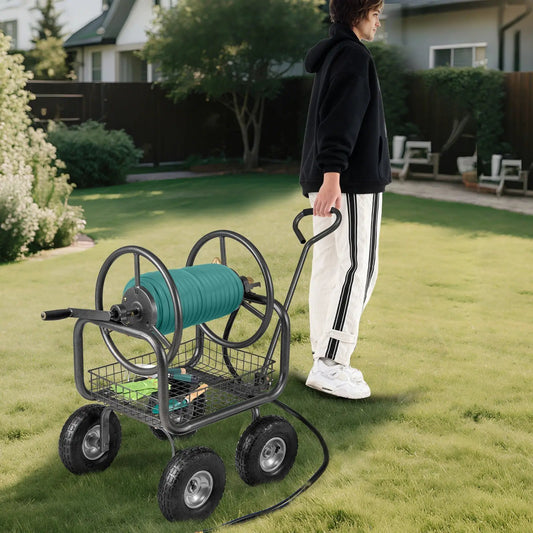 Garden Hose Reel Cart 300 ft, teal hose, gray frame, 4 wheels and storage basket DirectDeals on Tampa Home & Garden Store