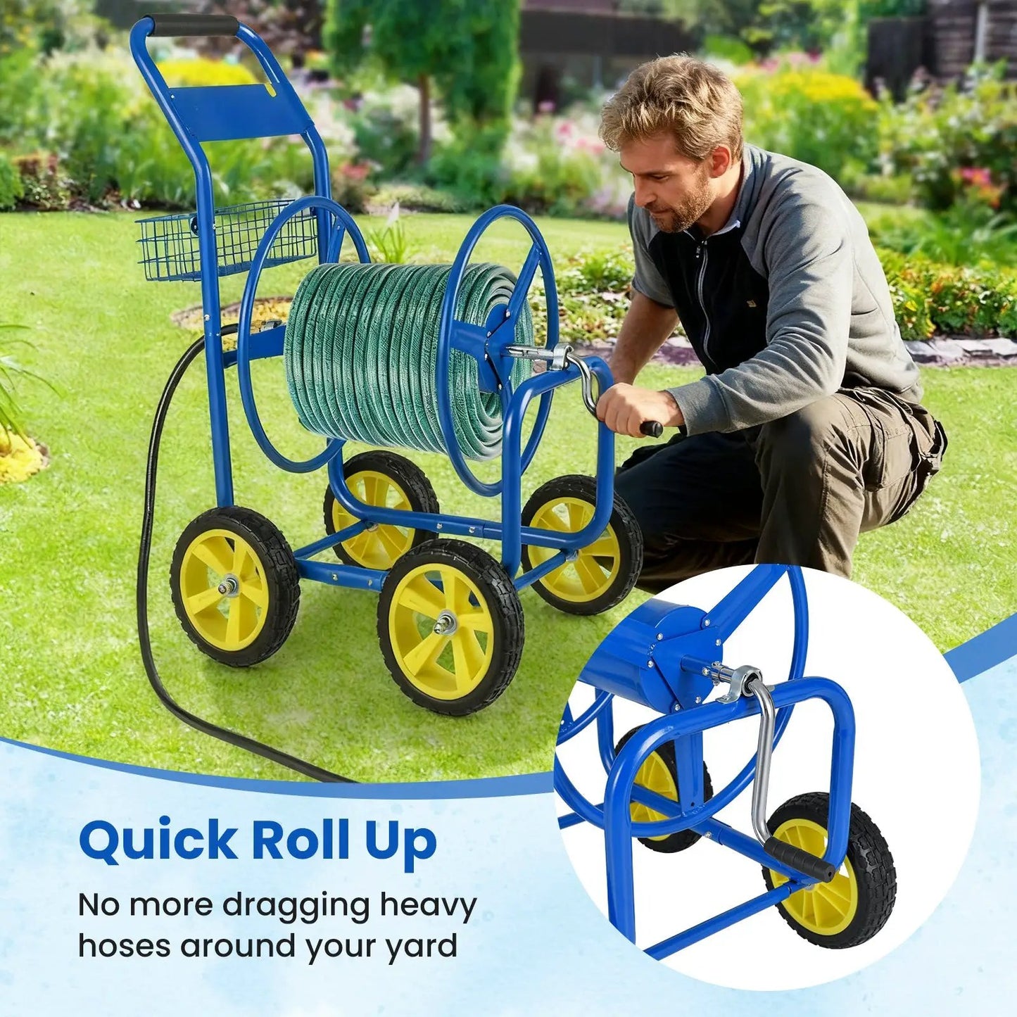 Garden Hose Reel Cart metal blue frame with yellow wheels and storage basket on Tampa Home & Garden Store