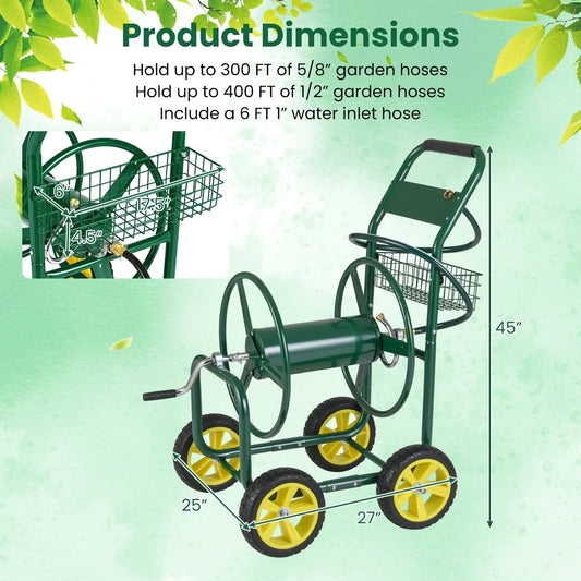 Green metal garden hose reel cart with 4 wheels and wire basket by DirectDeals on Tampa Home & Garden Store