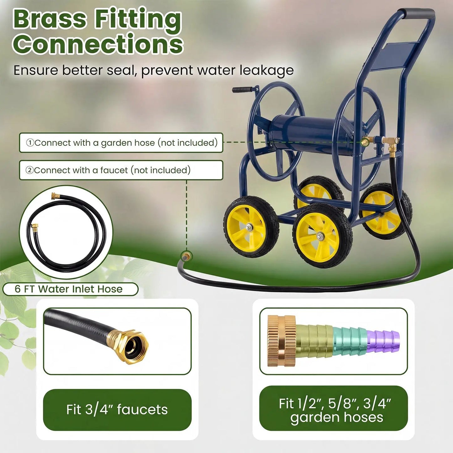 Garden Hose Reel Cart heavy-duty blue frame with 4 yellow wheels on Tampa Home & Garden Store