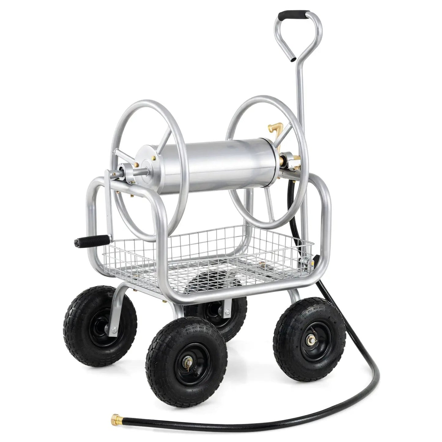 Garden Hose Reel Cart 300 ft with 4 wheels, silver metal frame and basket DirectDeals on Tampa Home & Garden Store