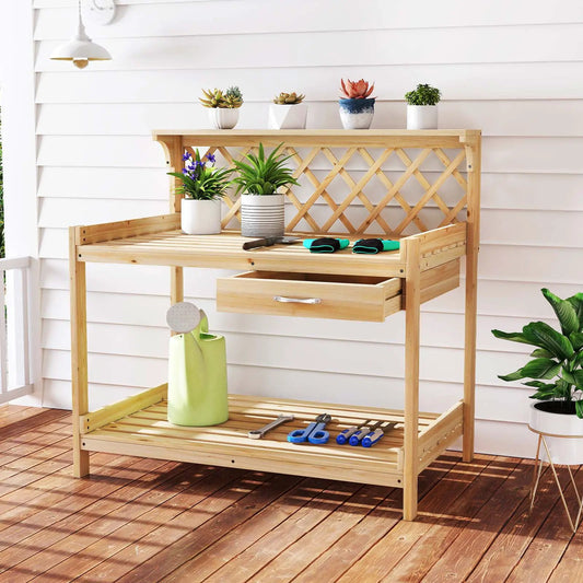Garden Potting Bench Table with Lattice Trellis made of natural wood, outdoor workspace on Tampa Home & Garden Store