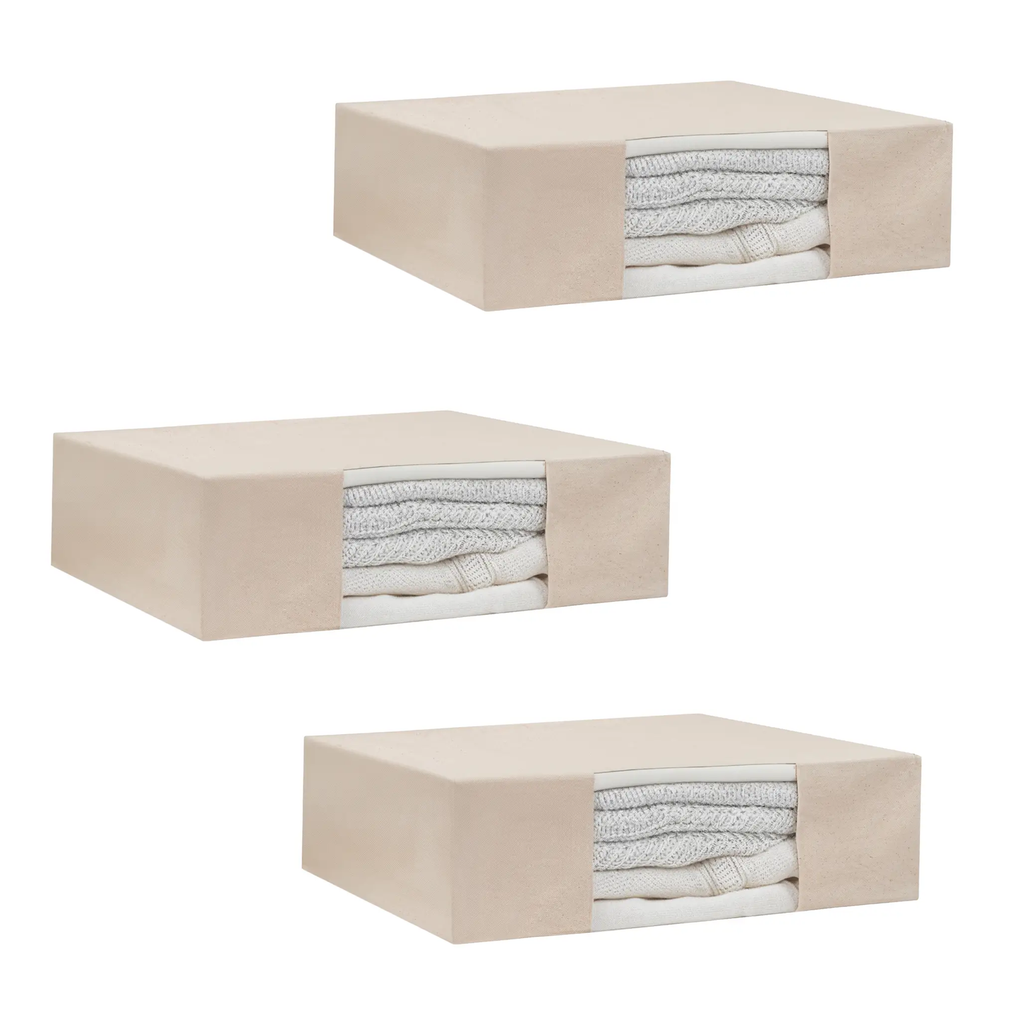 Cashmere storage bags beige fabric boxes with folded gray knitwear visible on Tampa Home & Garden Store