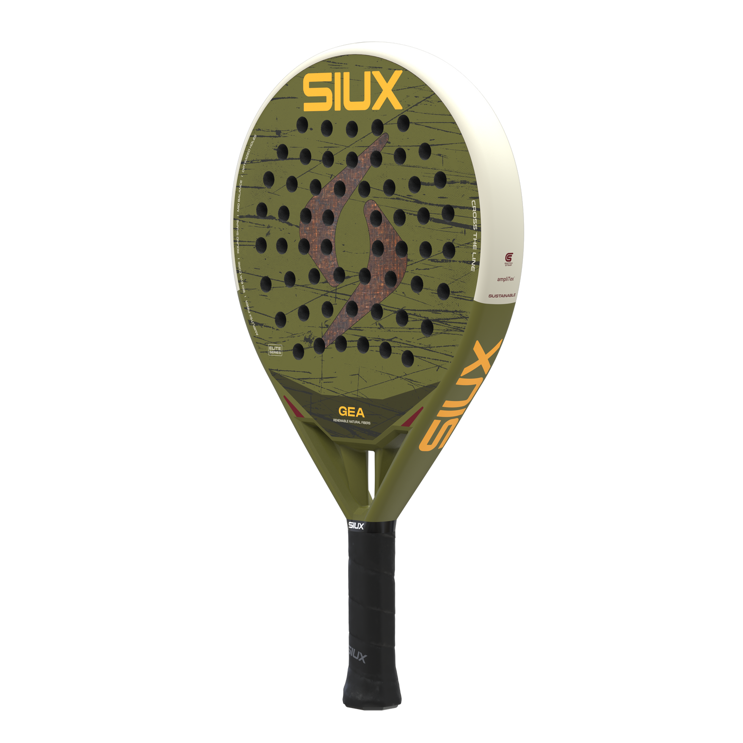 Gea 2 2026 padel racket by Siux USA, olive-green face with black holes, orange SIUX logo on Tampa Home & Garden Store