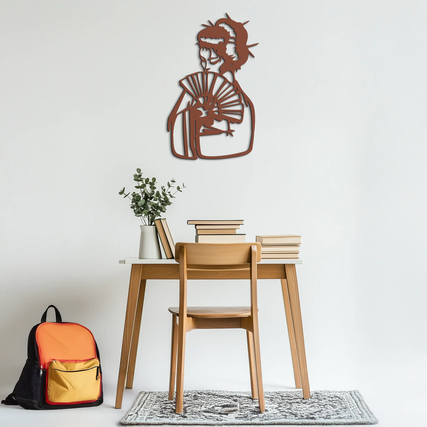 Geisha silhouette metal wall art with fan in rust-brown finish Enova Art modern visual artwork on Tampa Home & Garden Store