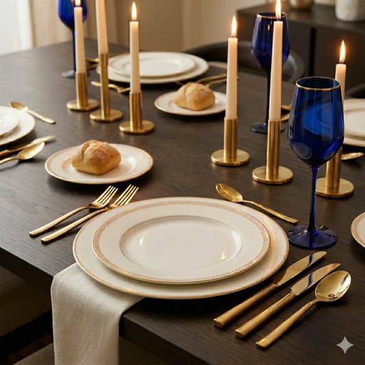 Navy gloss wine glasses set of 4 with gold rims on a formal dinner table setting on Tampa Home & Garden Store