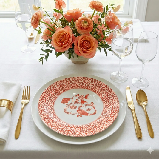 Coral patterned salad plates set of 4 with floral and white center by little white dish on Tampa Home & Garden Store