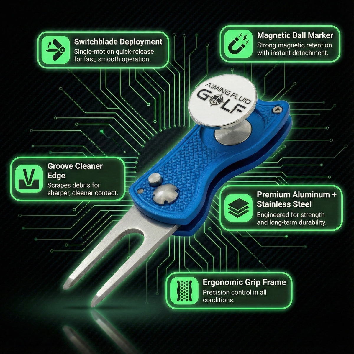 Foldable 5-in-1 divot tool with magnetic ball marker, blue ergonomic grip by Aiming Fluid Golf on Tampa Home & Garden Store
