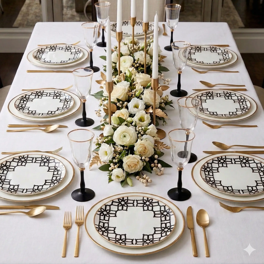 Geometric Plates 4-set white salad plates with black print and gold rims by little white dish on Tampa Home & Garden Store