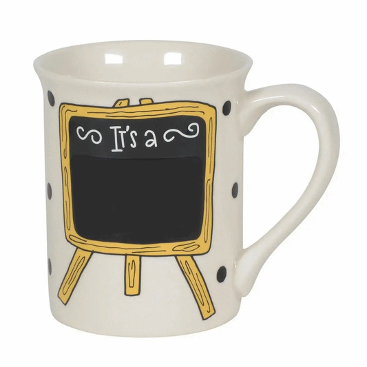 Gender reveal heat mug ceramic with chalkboard art in yellow frame and black dot accents on Tampa Home & Garden Store