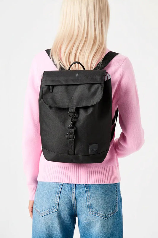 Kaut Mini Backpack Black with front buckle strap and top flap Lefrik logo patch on Tampa Home & Garden Store