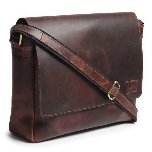 Sitka Buffalo Leather Laptop Messenger Bag with adjustable strap and brass buckle on Tampa Home & Garden Store