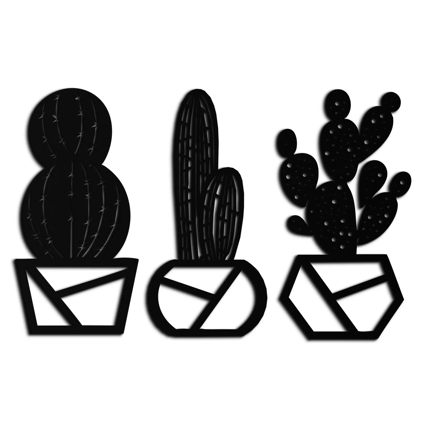 Geometric Cactus Set Metal Wall Art in black steel with three potted cactus silhouettes on Tampa Home & Garden Store
