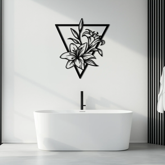 Geometric lily flower metal wall art black line design on white triangle frame Enova Art on Tampa Home & Garden Store