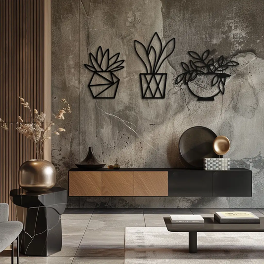 Geometric Plant Silhouette Metal Wall Art by Enova Art, black metal wall decor, set of 3 on Tampa Home & Garden Store