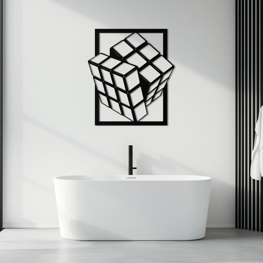 Geometric Rubik's Cube metal wall art framed in black with white cube faces, modern wall decor on Tampa Home & Garden Store