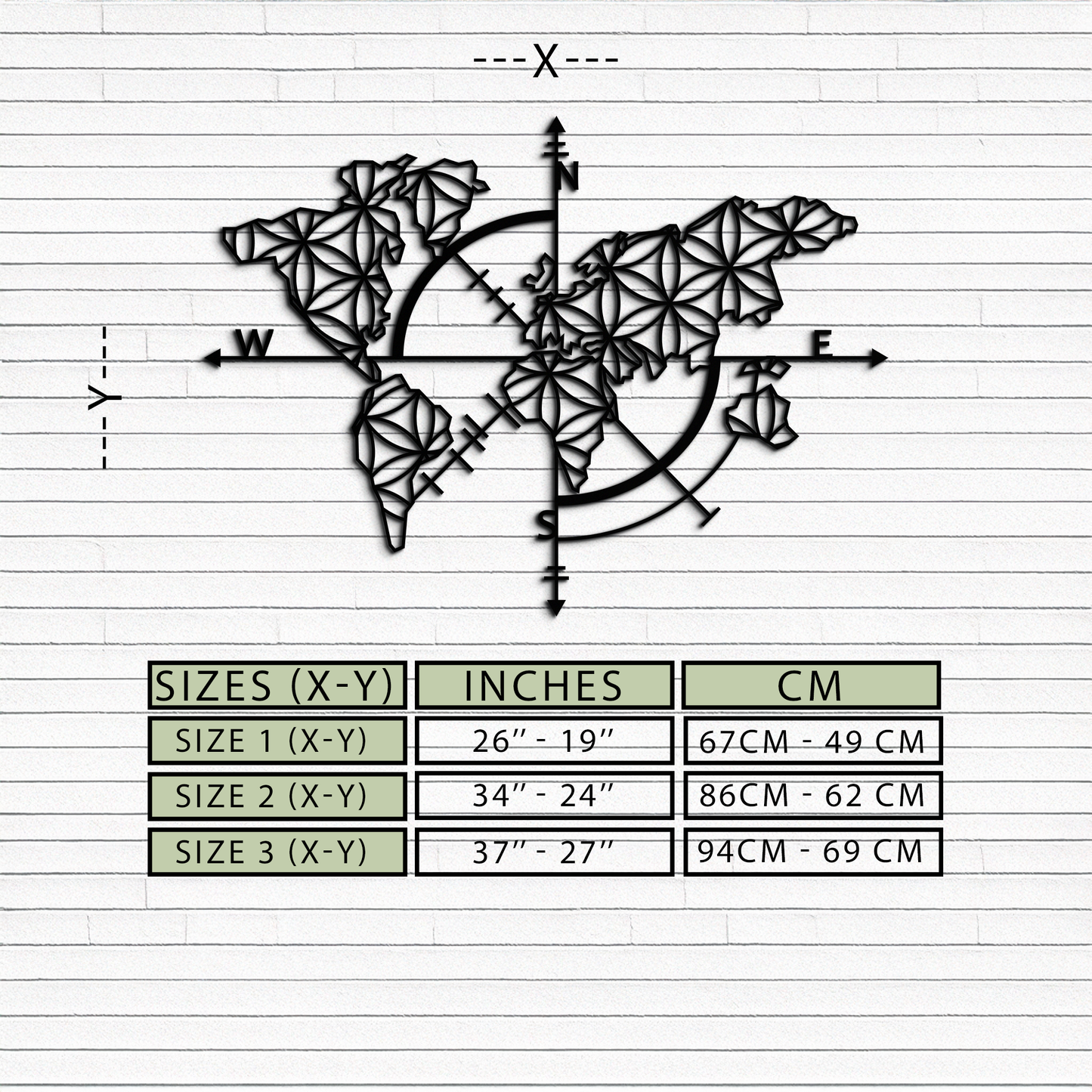 Geometric World Map Metal Wall Art - Modern Compass Wall Decor - KAF099 - Tampa Home & Garden Store