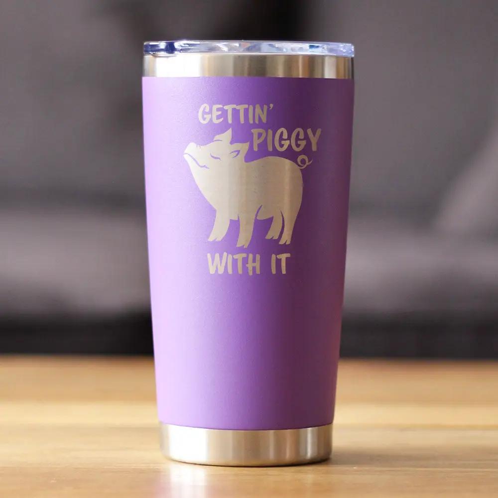 Gettin Piggy insulated wine tumbler Bevvee purple with gold pig graphic and sliding lid on Tampa Home & Garden Store