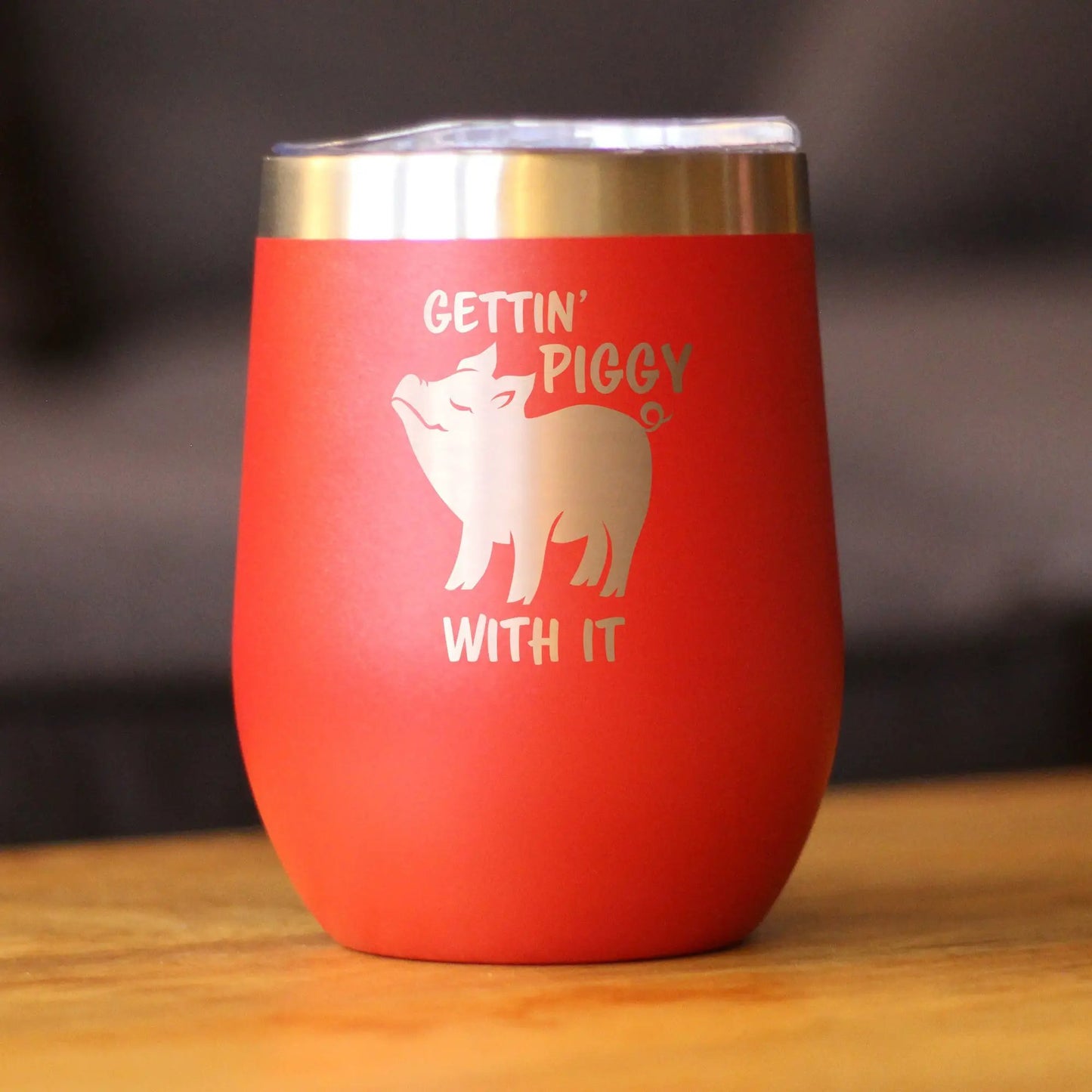 Gettin Piggy Wine Tumbler Sliding Lid, orange-red stainless steel with pig graphic bevvee on Tampa Home & Garden Store