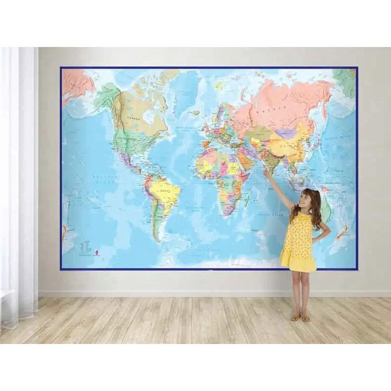 Giant World Wall Map Mural with blue oceans, large framed wall map in a bright room on Tampa Home & Garden Store