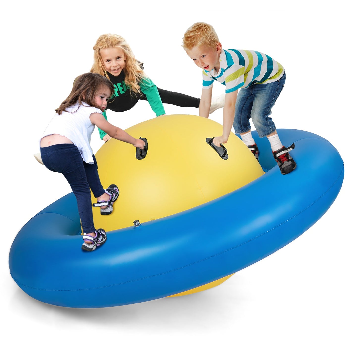 Giant 7.5 ft dome rocker bouncer yellow dome with blue base, 6 handles, kids playing on Tampa Home & Garden Store