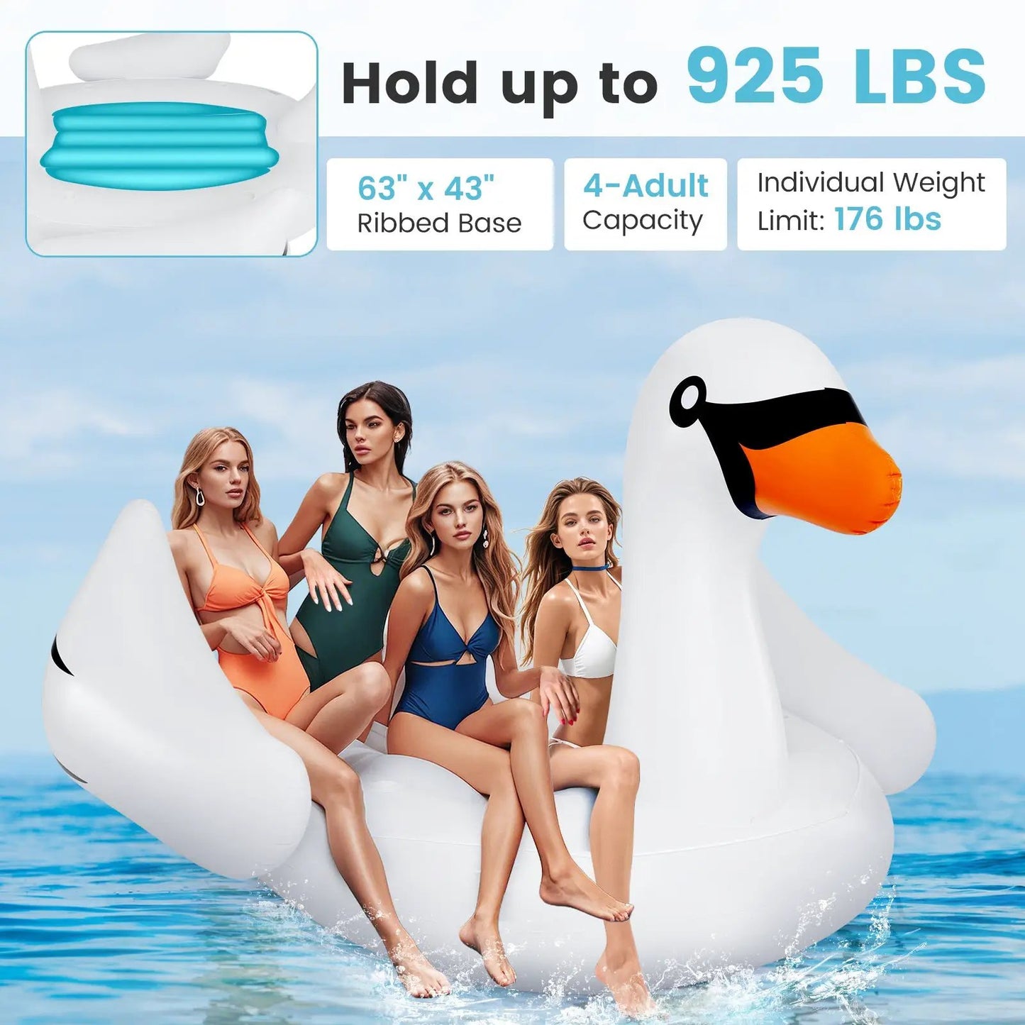 Giant inflatable white swan pool float for four adults with four riders on blue water on Tampa Home & Garden Store