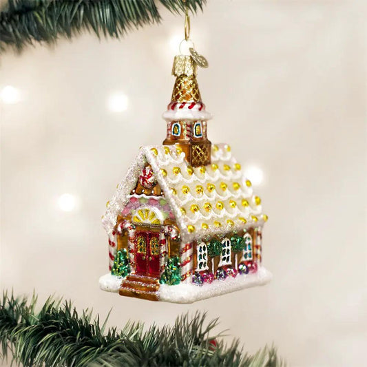 Gingerbread Church Glass Ornament Keepsake with glittery snow roof and candy-colored windows on Tampa Home & Garden Store