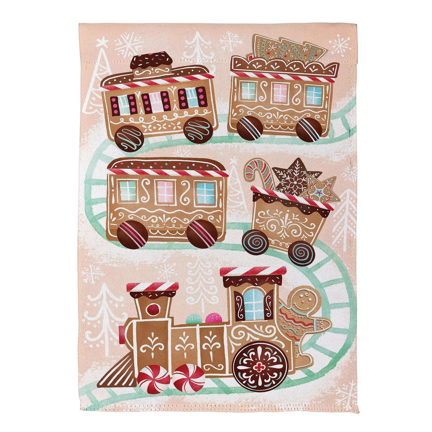 Gingerbread Train Suede Garden Flag with brown trains and candy accents on pink background on Tampa Home & Garden Store