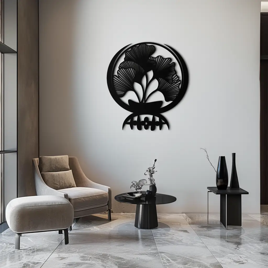 Ginkgo Leaves Abstract Metal Wall Art Black Steel by Enova Art, modern circular wall sculpture on Tampa Home & Garden Store