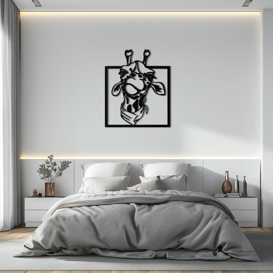 Giraffe metal wall art, framed in black, modern safari decor for bedroom on Tampa Home & Garden Store