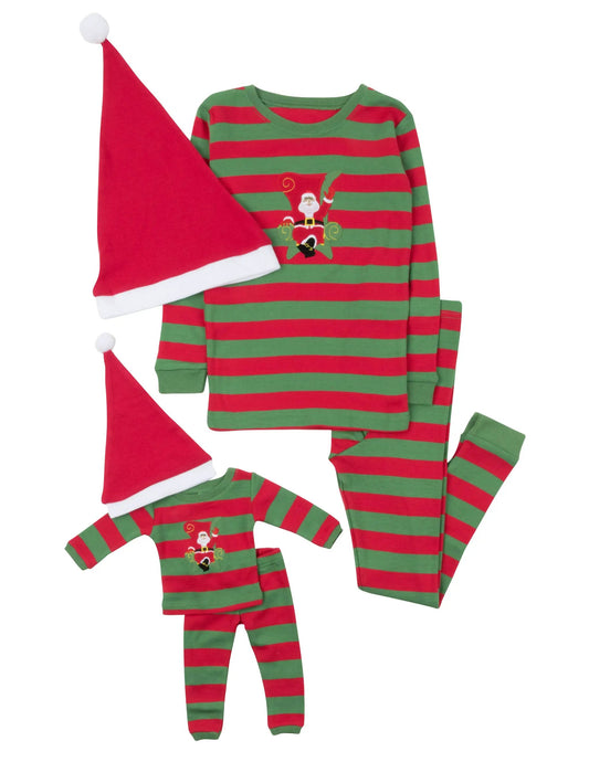 Girls Santa Pajama Set and Hat 18 Inch Dolls red-green striped PJs with Santa embroidery, 2 sets on Tampa Home & Garden Store