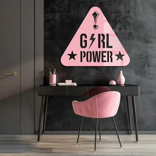 Pink triangle metal wall art with Girl Power text and stars, feminist symbol design on Tampa Home & Garden Store