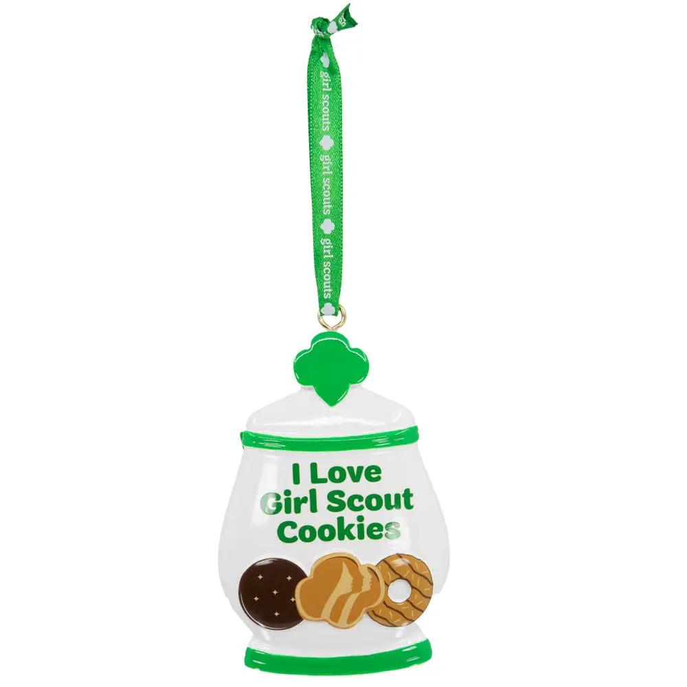 Girl Scouts Cookie Jar Ornament white jar with green lid, licensed by Country Christmas Loft on Tampa Home & Garden Store